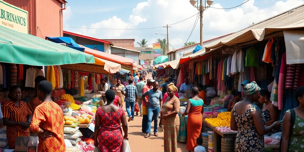 Vibrant market scene in Liberia with local vendors.