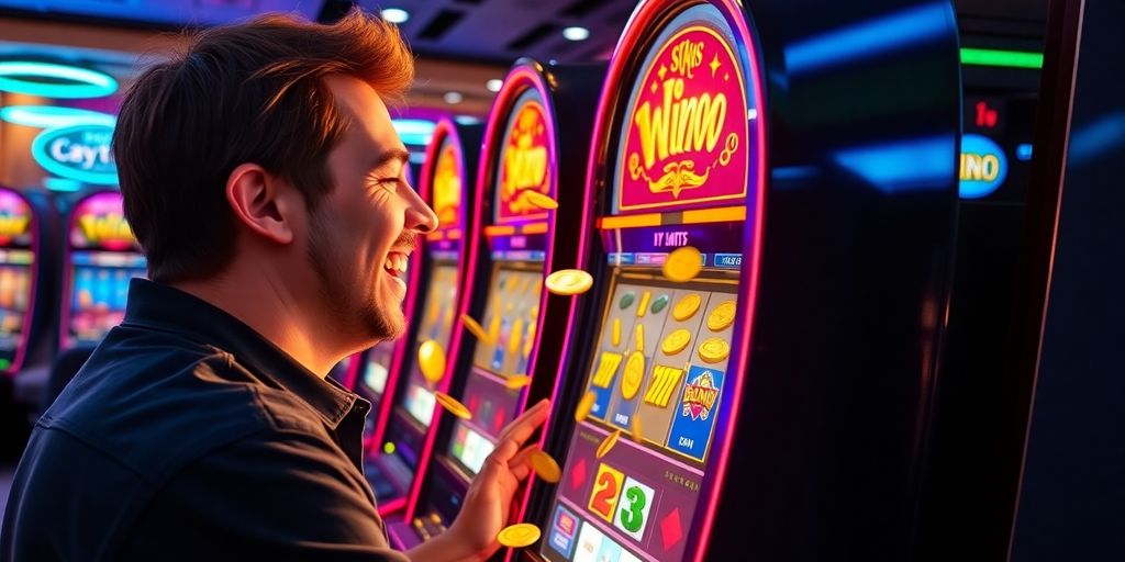Crypto casino player enjoying a slot machine with spinning coins.