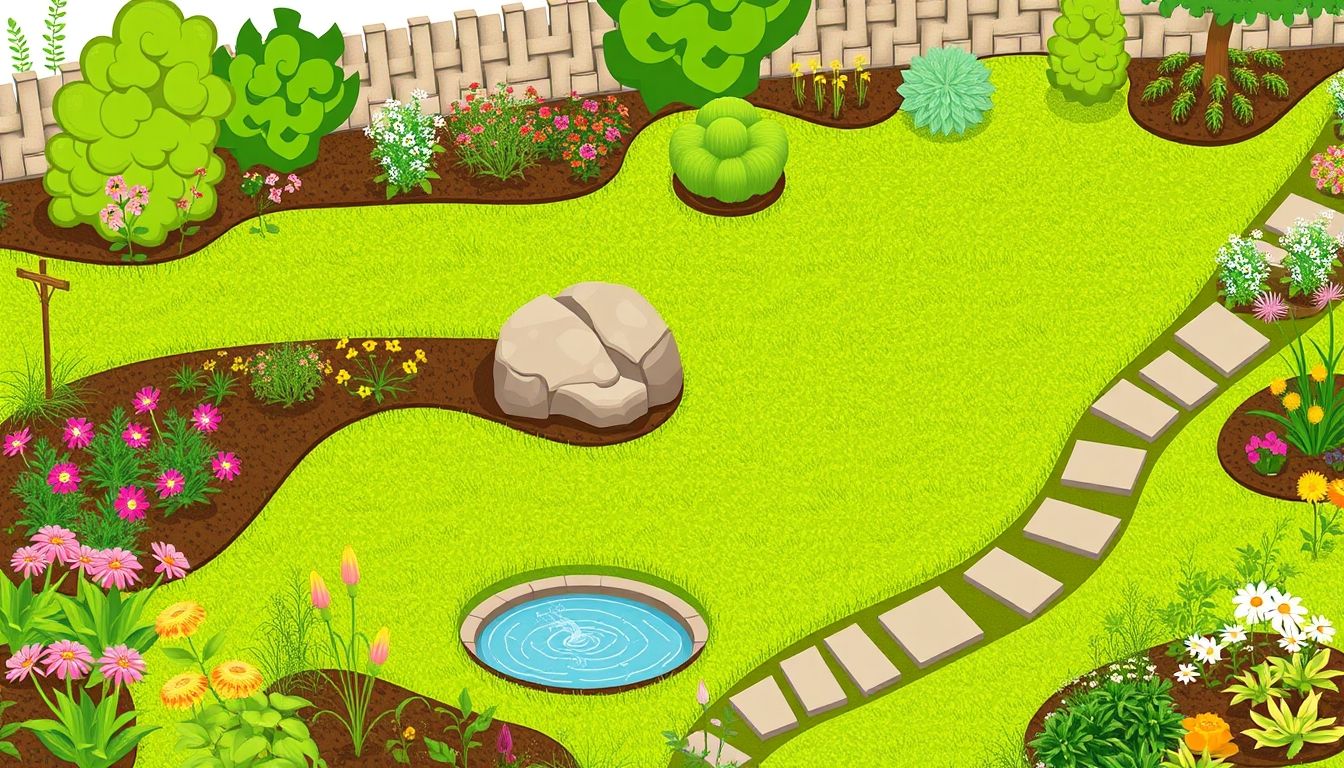 Illustrative garden with plants, flowers, pond, and pathways.