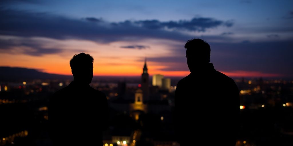 Two men holding hands under a starry sky.