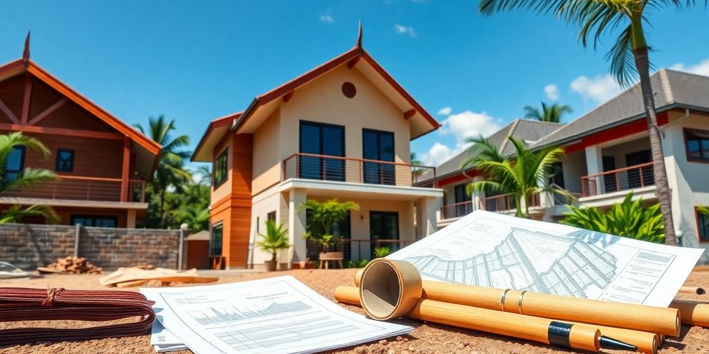 Thai residential construction with legal consultations under clear blue skies.