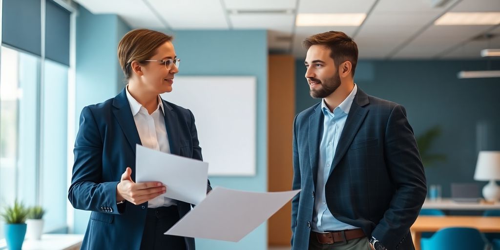 Verjährungsfristen im Werkvertrag: Wann sind Ansprüche erloschen? Zwei Fachleute diskutieren in einem Büro mit blauen Akzenten.