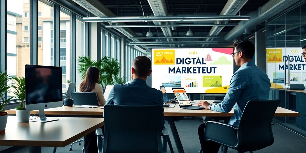 Profissionais de marketing digital em ambiente de escritório moderno.
