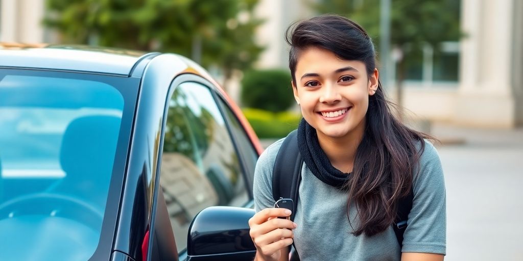 Étudiant souriant près d'une voiture électrique compacte.