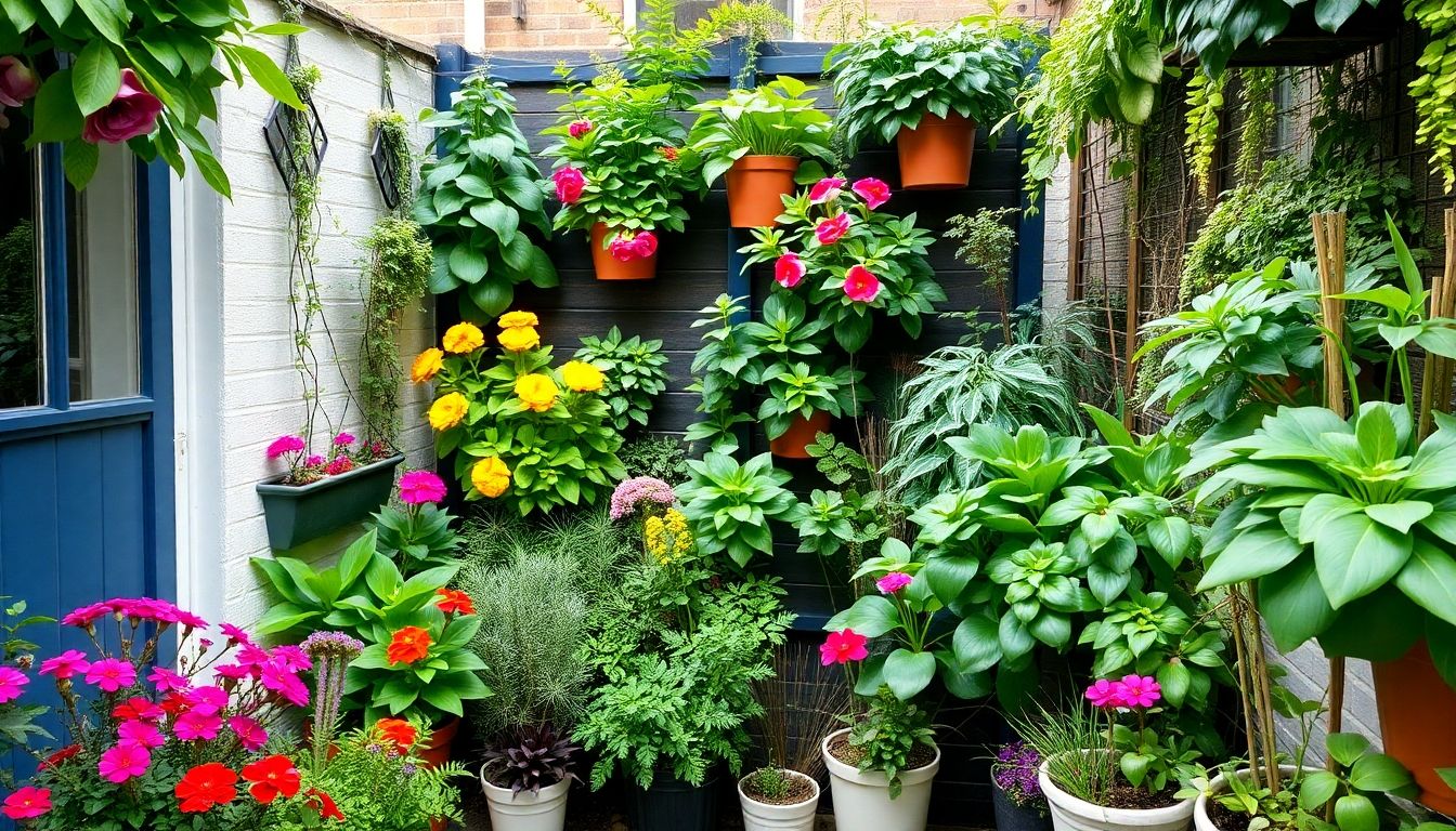 Small London garden with colourful plants and greenery.