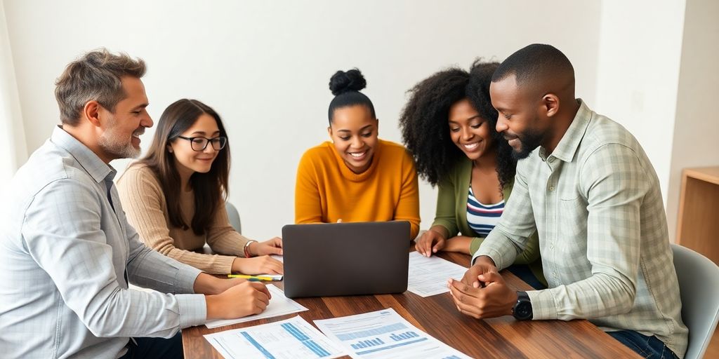Family planning finances together at a table with documents.