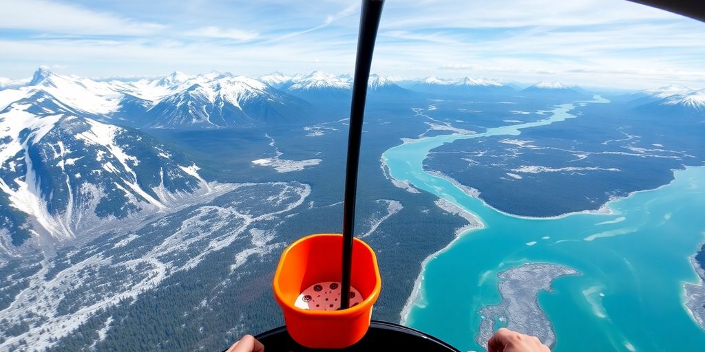 Helicopter cockpit view of a Bambi bucket over Alaska.