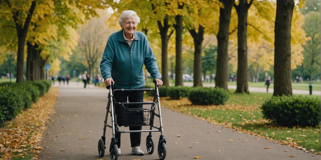 Elderly person using a high-performance walker with wheels, walking confidently in a scenic park.