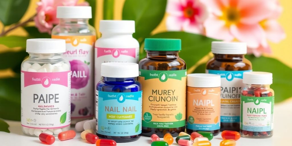Colorful hair, skin, and nail vitamin supplements on display.