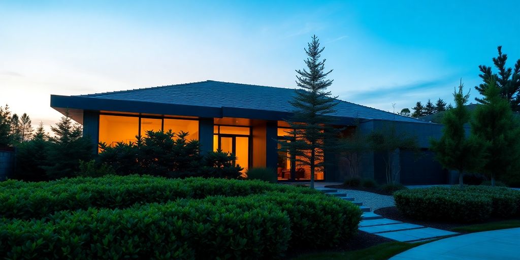 Modern home exterior with lush landscaping.