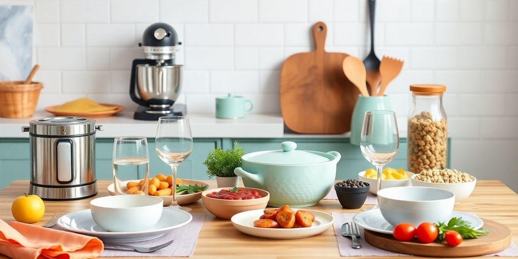 Table setting with kitchen gadgets and elegant dishware.