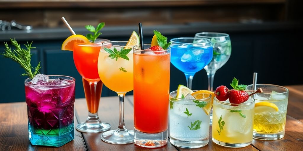 Verschillende gin-cocktails met vers fruit en kruiden.