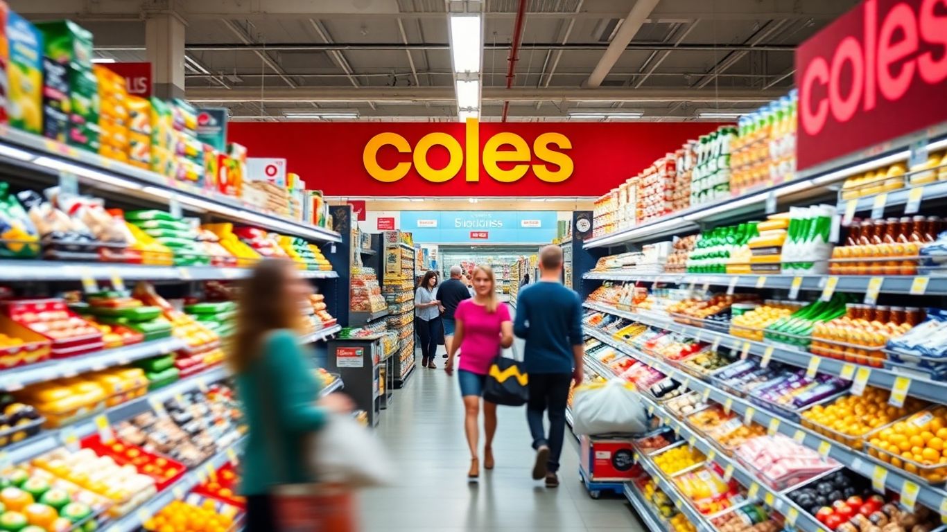 Coles supermarket interior with stocked shelves and shoppers.