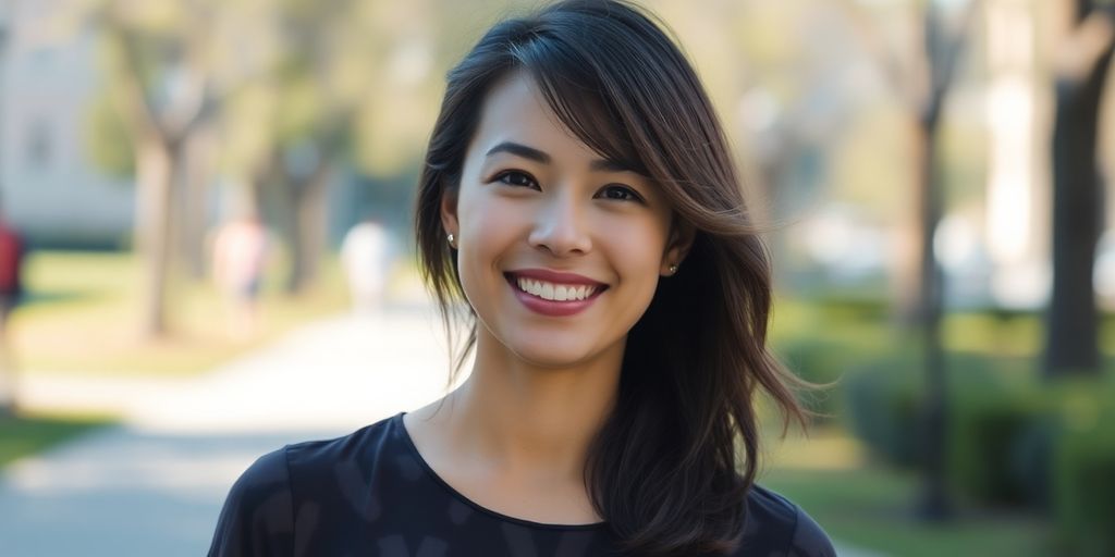 Woman in casual dress, outside, smiling warmly.