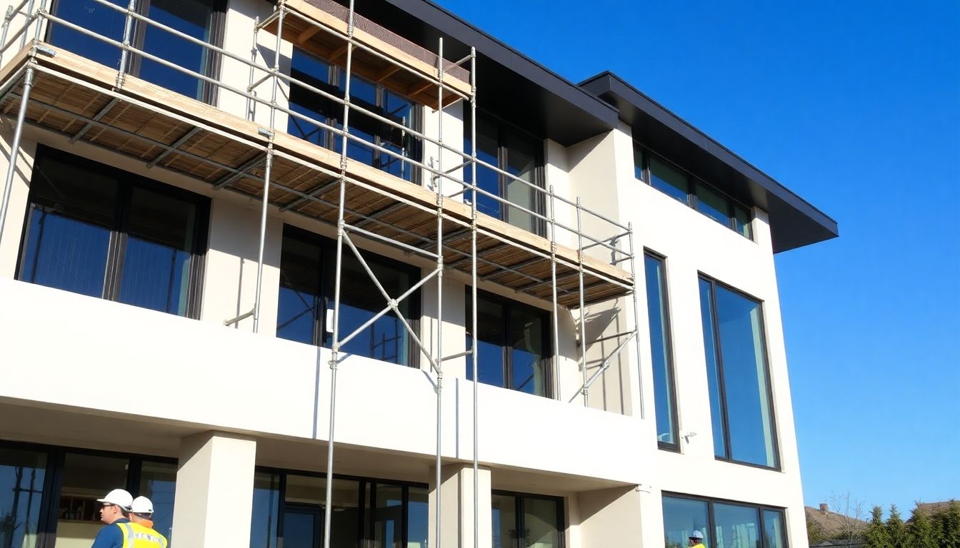 Refurbishment of a commercial property with scaffolding and workers.