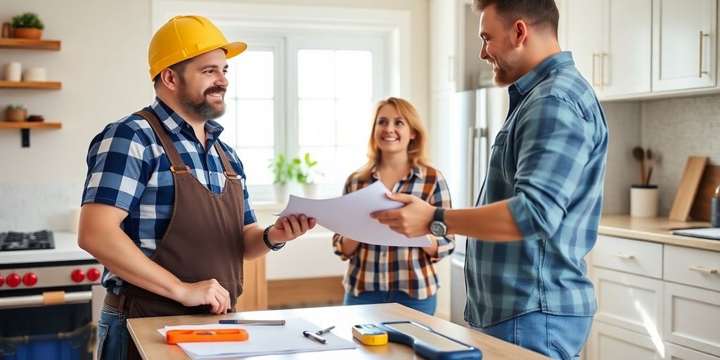 Contractor and homeowner discussing project in a kitchen.