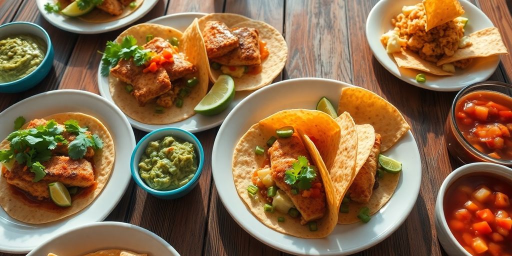 Plates of tacos, salsa, and guacamole on wooden table.