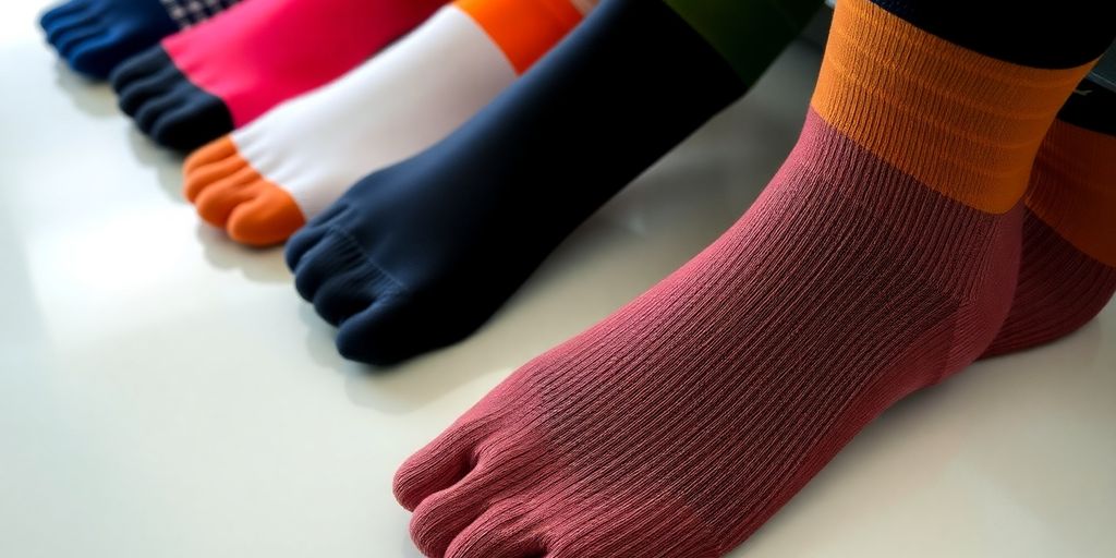 Meia de compressão graduada em várias cores e padrões.