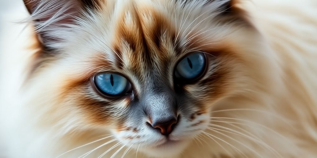 Fluffy Birman cat with blue eyes