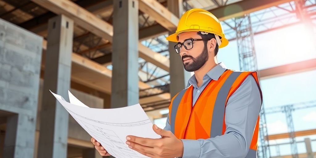 Construction worker looking at blueprints on site.