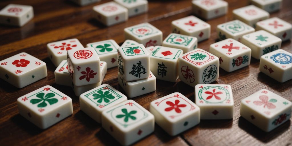 Mahjong tiles with symbols arranged on a wooden table.
