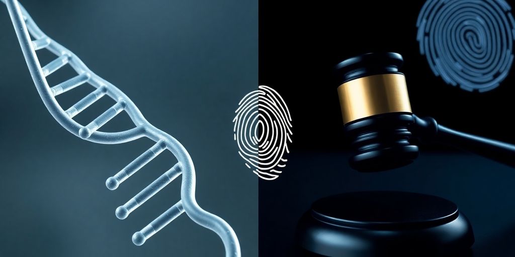 DNA helix comparison with court gavel and fingerprint.