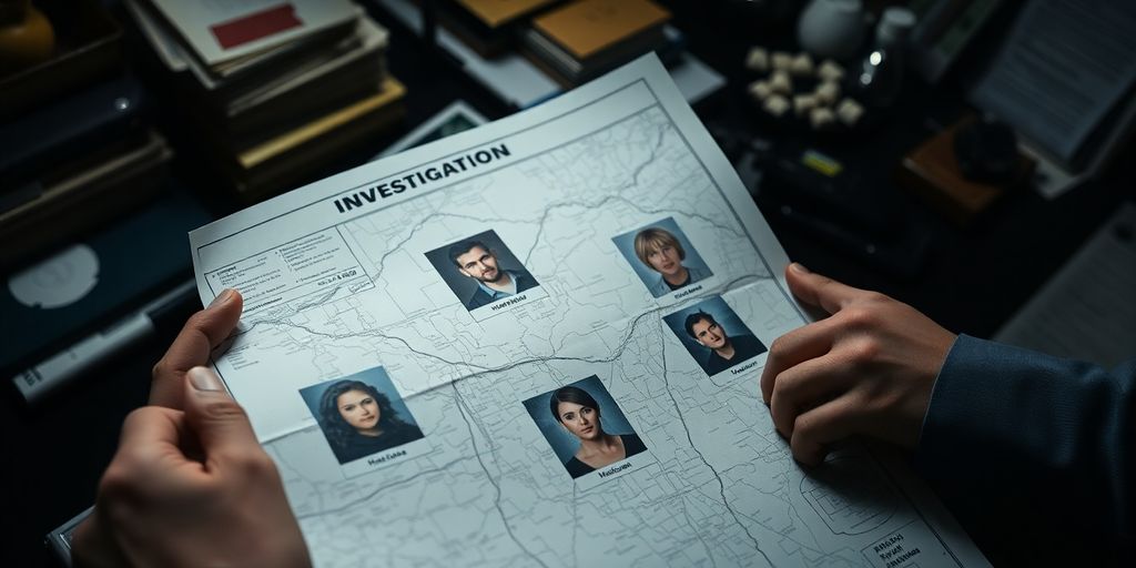 Private investigator studying map and photographs of missing persons.