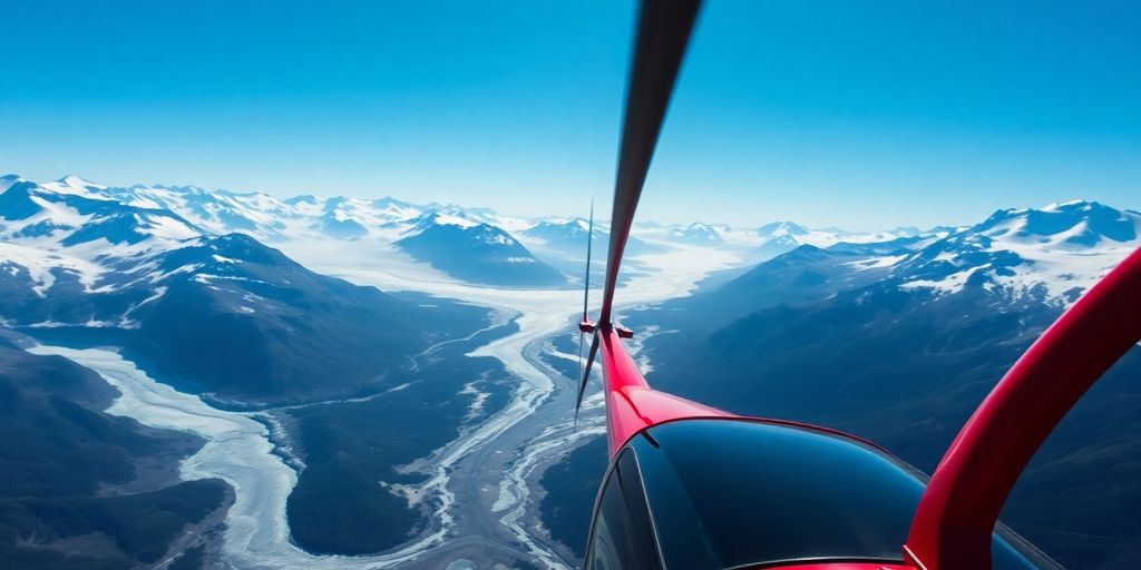 A red helicopter flies above majestic snow-covered Alaskan mountains.