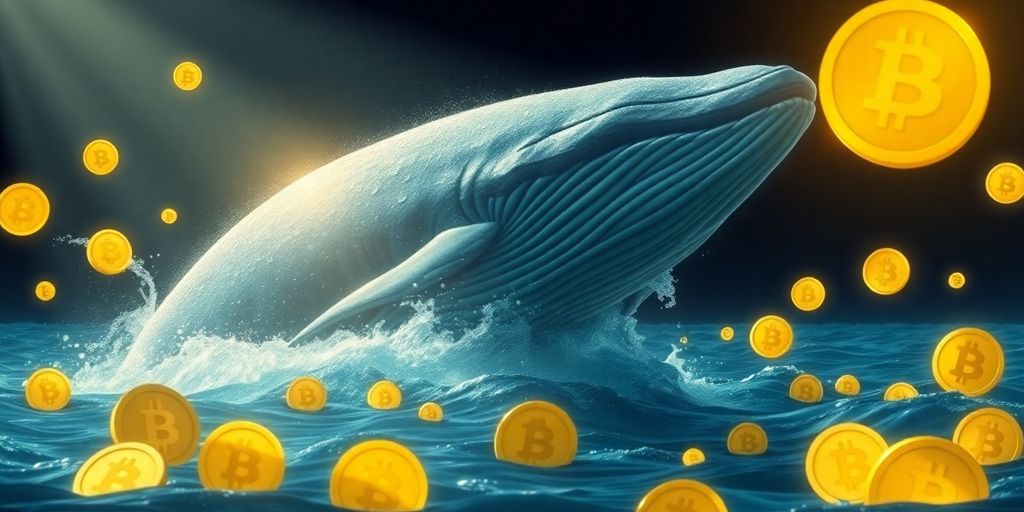 Massive whale swimming with Dogecoin symbols.