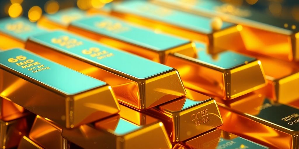 Lingots d'or brillant avec des symboles numériques.