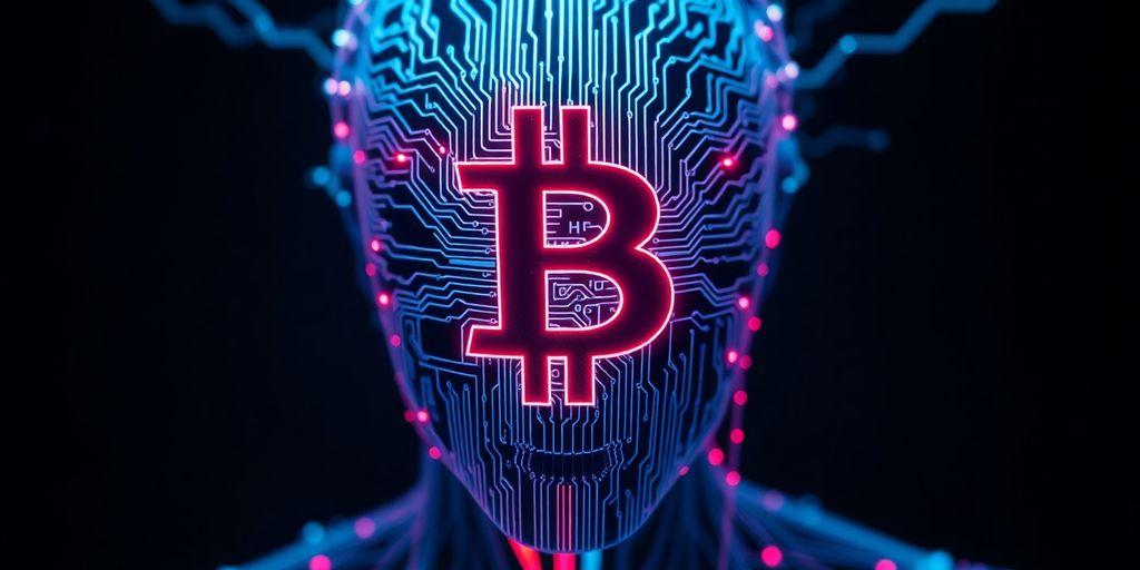 Digital twin model with cryptocurrency symbol under cyber attack.