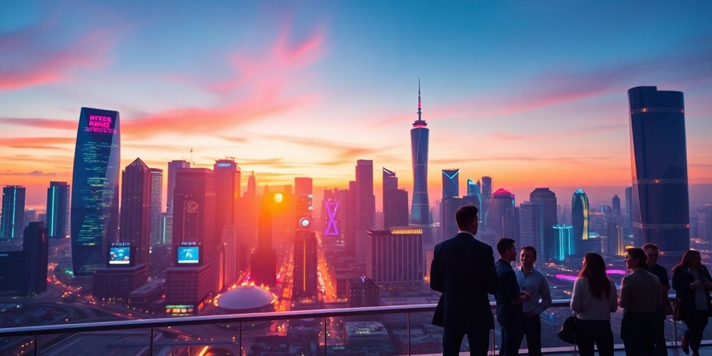 Best Crypto in 2025: Your Guide to the Most Promising Investments 4 Futuristic city skyline with people discussing cryptocurrency investments.