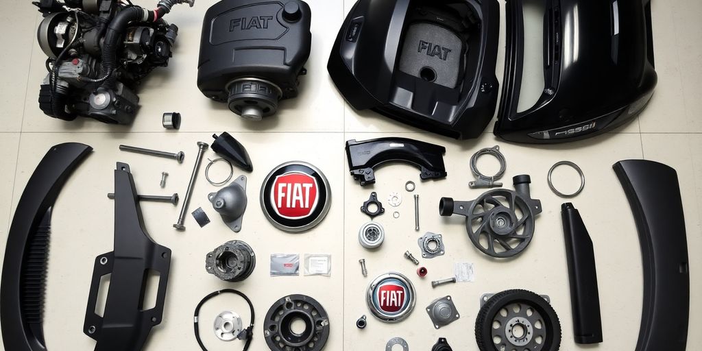 Fiat car parts arranged neatly.
