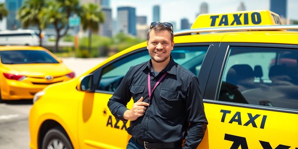Taxi driver and yellow cab with Dallas skyline in background.