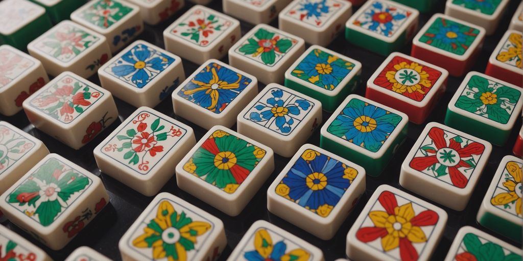 Close-up of colorful Mahjong animal tiles arranged in an artistic pattern, showcasing various animals.