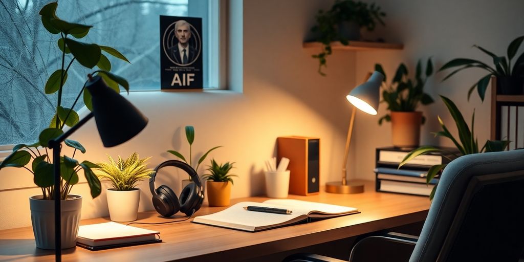 Cozy study space with headphones and warm lighting.