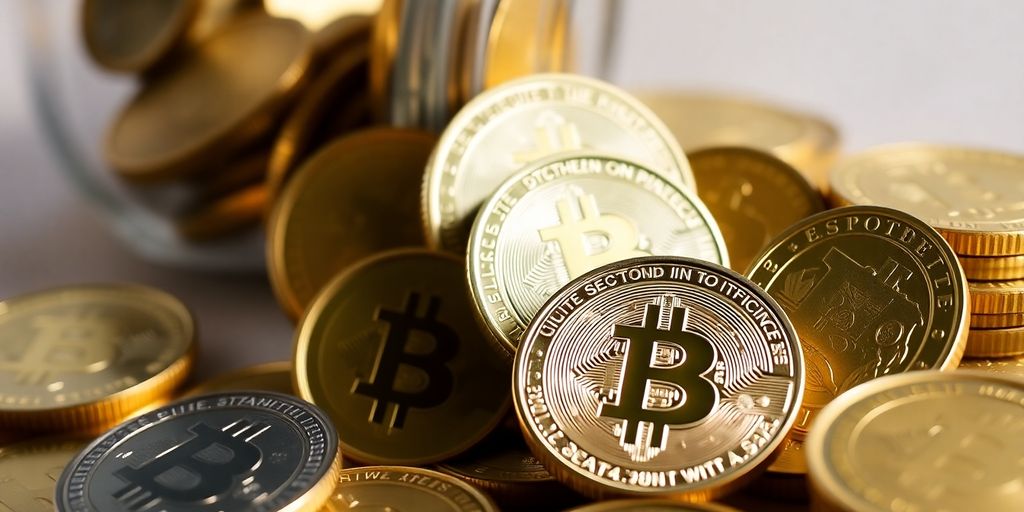 Pièces d'or et jetons de cryptomonnaie en gros plan.