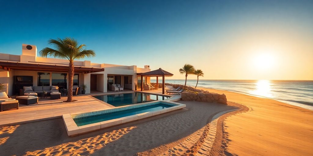 Luxury villa overlooking ocean at sunset.