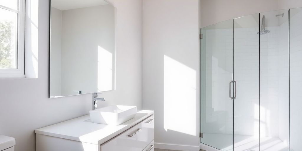 Modern bathroom, sleek fixtures, bright lighting.