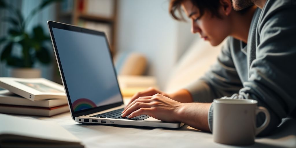 Person using laptop in a secure home environment.
