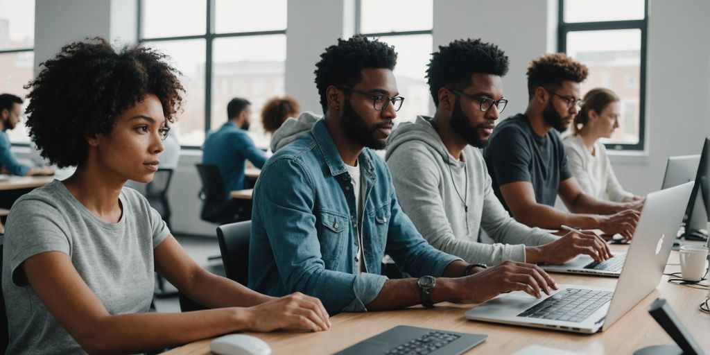 People coding in a bright, modern room.