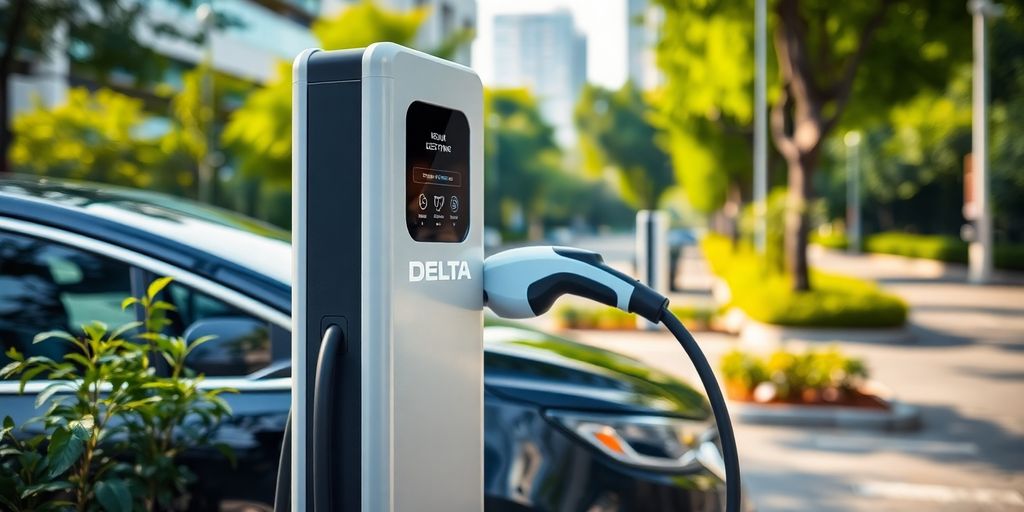 Close-up of Delta Electronics EV charging station in India.