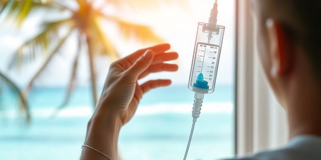 Woman receives IV drip, serene beach background.