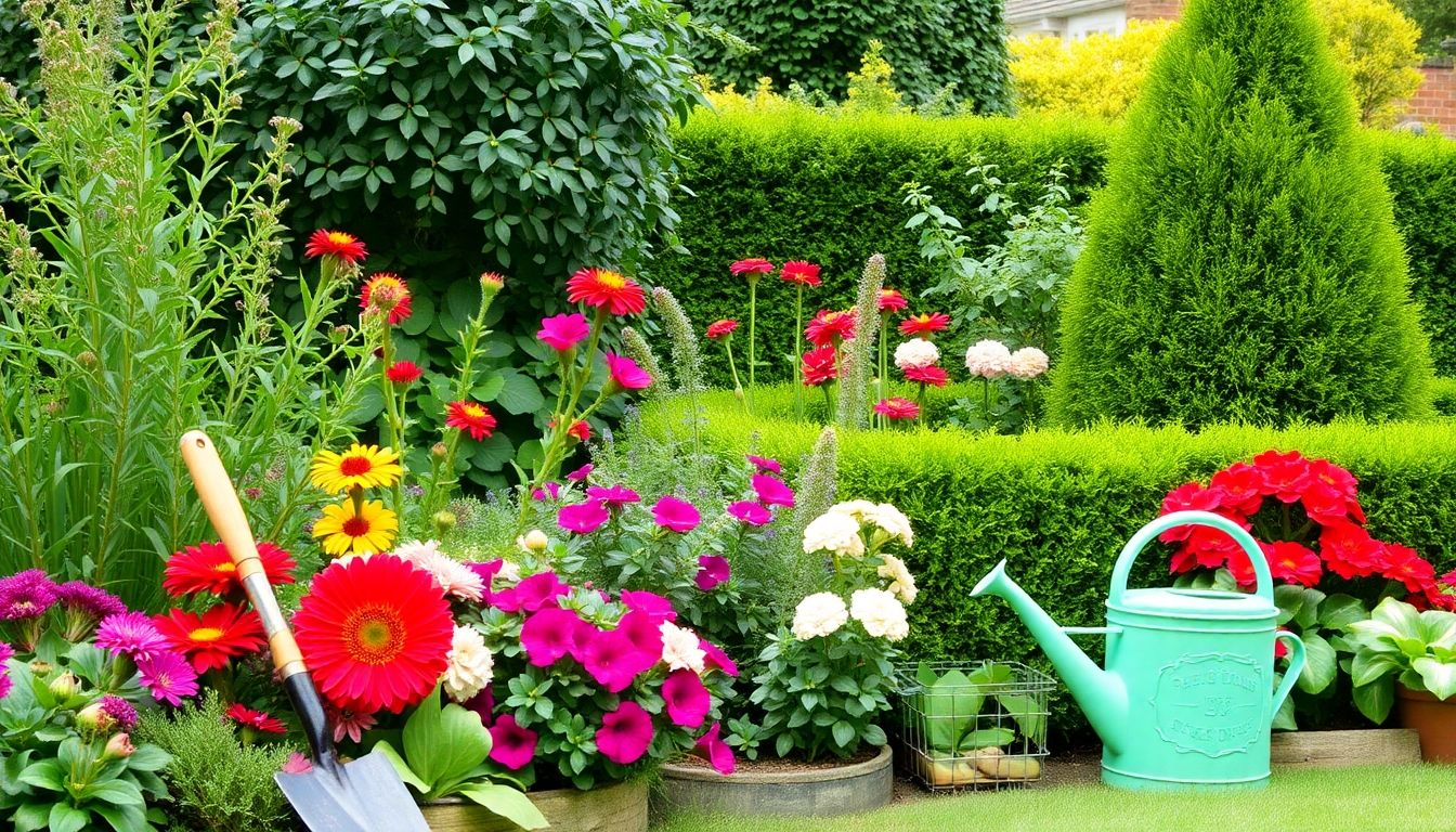 Lush garden with tools for maintenance and care.