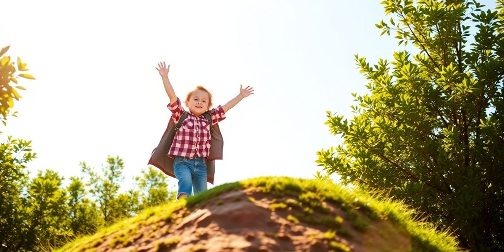 Happy child achieving a goal outdoors.