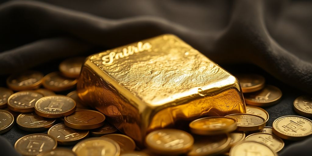 Lingot d'or brillant avec des pièces de monnaie.