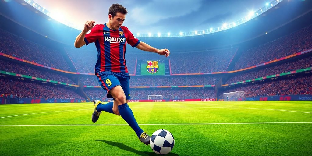 Illustrative action shot of a Barcelona soccer player mid-kick.