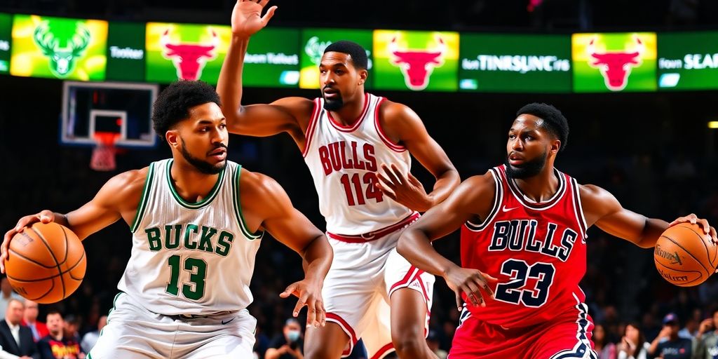 Bucks and Bulls players competing in an intense basketball game.