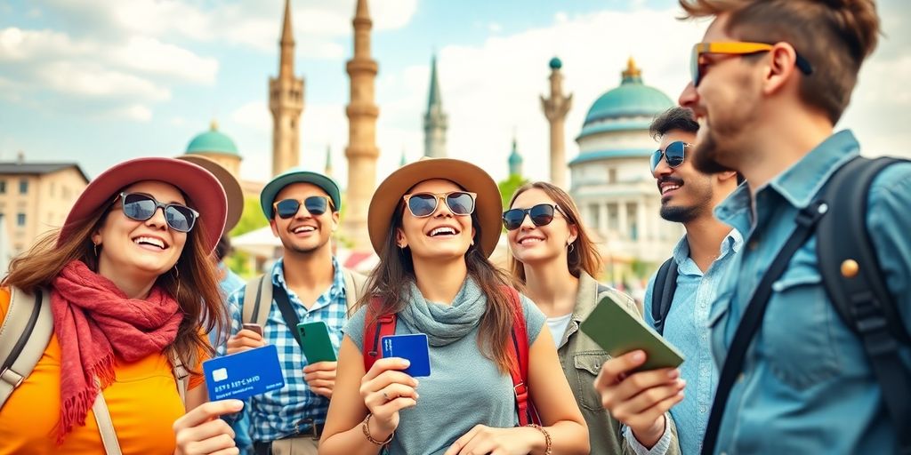 Grupo de viajantes sorrindo com cartões de crédito. Cartões de Crédito para Viagens Internacionais