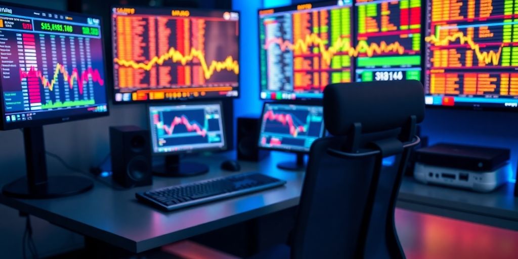 Modern trading desk with monitors and ambient lighting.